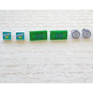 New set of 3 auth LEGO $100 bill, 5 cents and dream big earrings.